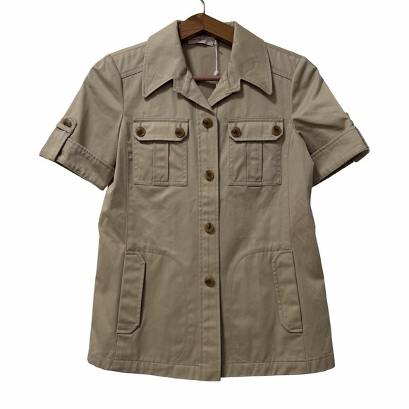 Tory Burch Tops - Tory Burch Womens Cotton Twill Safari Short Sleeve Collared Shirt Size 0 Khaki
